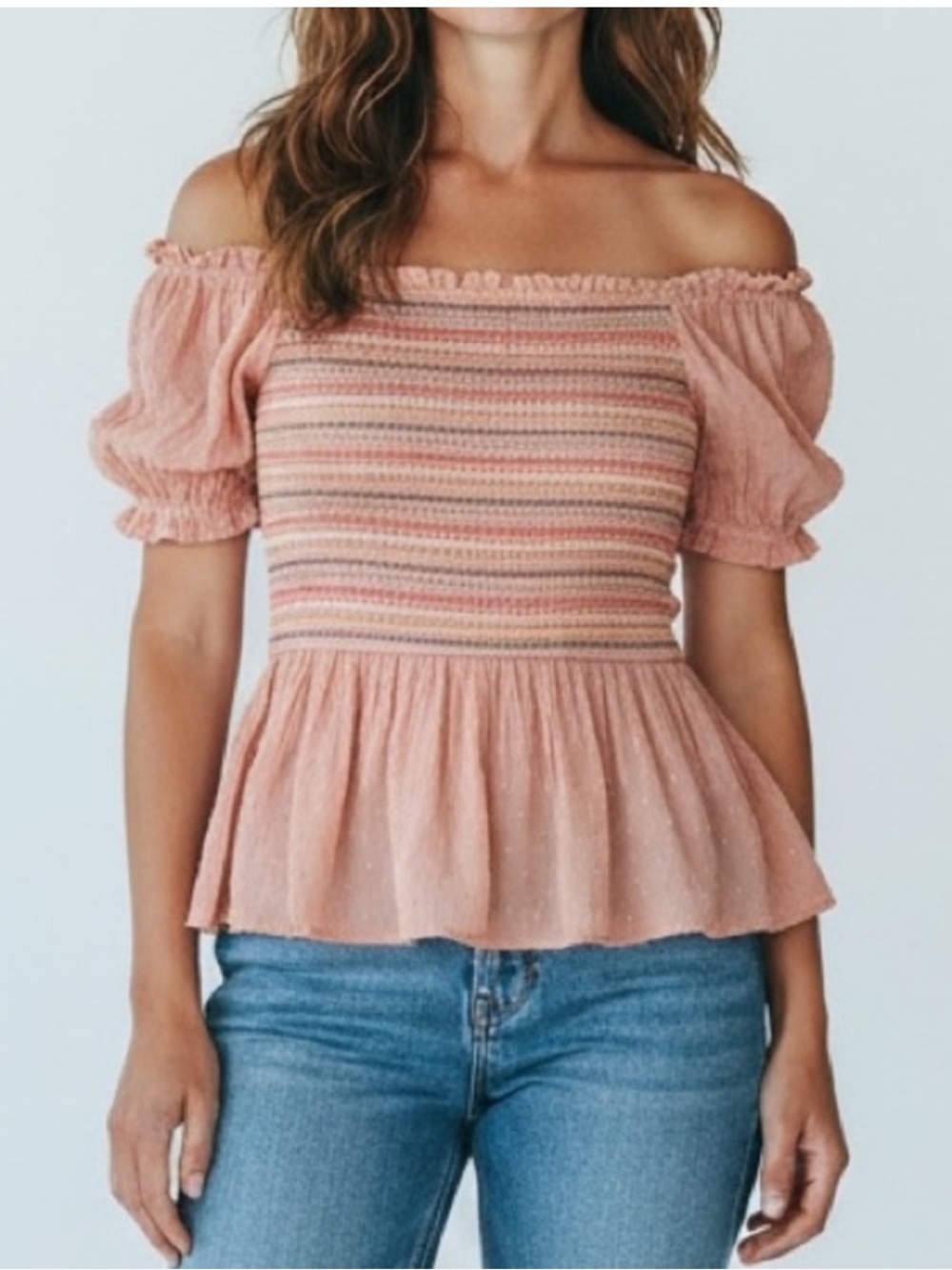 NEW Promesa Smocked Peach Swiss Dot Colorful Blouse Top Women’s Boutique Boho